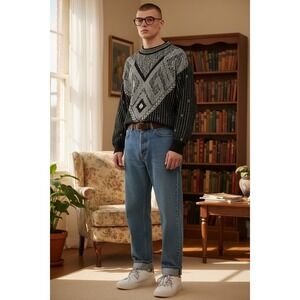 Sostanza Geometric Knit Sweater Large Black White Vintage 90s Intarsia Pullover
